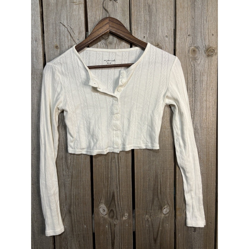Out From Under Crop Top Small Ivory Pointelle‎ Knit Button Front Long Sleeve